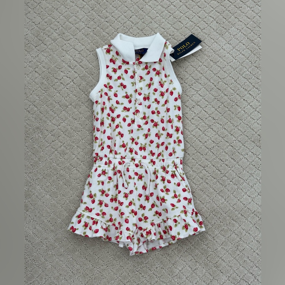 NWT Polo Ralph Lauren Girls Strawberry Stretch Mesh Polo Romper